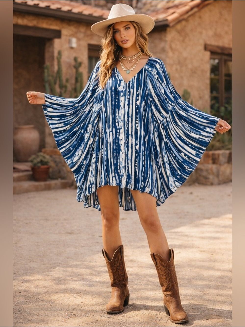 Free People Navy and White Striped Tie-Dye Kaftan